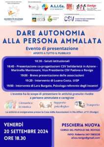 Nell’ambito del percorso di co-progettazione CSV 2023/2024, AIL Rovigo, ALICe, AISM, LILT e Associazione Parkinson organizzano un incontro informativo sulle loro attività.