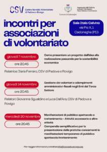Il CSV Padova Rovigo e il Comune di Cadoneghe organizzano un ciclo di incontri rivolto alle associazioni di volontariato del territorio