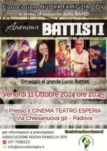 Concerto benefico che celebrerà il cantante Lucio Battisti, organizzato dall'Associazione Nuova Famiglia ODV