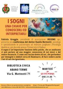 L'Associazione Insieme propone una conferenza del dottor Danilo Berteotti sul tema dei sogni, martedì 30 settembre