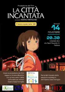 Venerdì 14 novembre verrà proiettato il celebre film di Hayao Miyazaki, La città incantata, dello Studio Ghibli