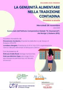 Mercoledì 26 novembre si terrà l'incontro a scuola "La genuinità alimentare nella tradizione contadina"