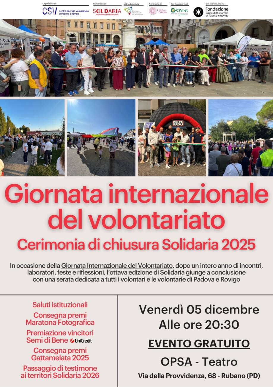 Venerdì 5 dicembre celebreremo la Giornata Internazionale del Volontariato con l'evento di chiusura di Solidaria 2025